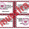 Cuatro tarjetas de escenarios de clase en español con bordes rojos y blancos, cada una de las cuales presenta un dilema social diferente y pregunta: 