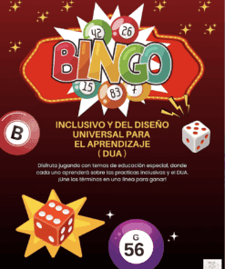 Cartel de bingo con dados y una estrella. El texto dice: "Bingo Inclusivo y del Diseño Universal para el Aprendizaje (DUA)" y anima a aprender sobre la educación inclusiva y el DUA a través de un juego de bingo.