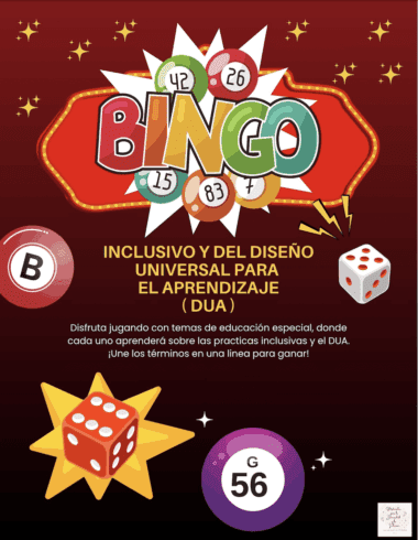 Cartel de bingo con dados y una estrella. El texto dice: "Bingo Inclusivo y del Diseño Universal para el Aprendizaje (DUA)" y anima a aprender sobre la educación inclusiva y el DUA a través de un juego de bingo.