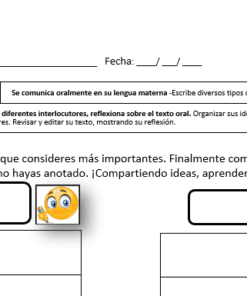 Una hoja de trabajo titulada "Rutina de pensamiento: 'Da uno, recibe uno'" con secciones para el nombre, la fecha, la competencia y campos titulados "Mis datos" y "Los que recibí", cada uno con un emoji sonriente. Las instrucciones figuran en la parte superior.