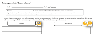Una hoja de trabajo titulada "Rutina de pensamiento: 'Da uno, recibe uno'" con secciones para el nombre, la fecha, la competencia y campos titulados "Mis datos" y "Los que recibí", cada uno con un emoji sonriente. Las instrucciones figuran en la parte superior.