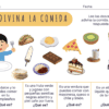 Actividad para adivinar alimentos en español con un niño emocionado por comer, varios alimentos (pastel, taco, chocolate, aguacate, maíz, huevo frito, jamón, postre, leche) y cuatro adivinanzas sobre alimentos en la parte inferior con imágenes como pistas.