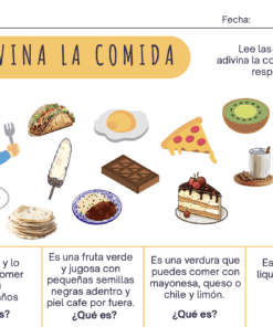 Actividad para adivinar alimentos en español con un niño emocionado por comer, varios alimentos (pastel, taco, chocolate, aguacate, maíz, huevo frito, jamón, postre, leche) y cuatro adivinanzas sobre alimentos en la parte inferior con imágenes como pistas.