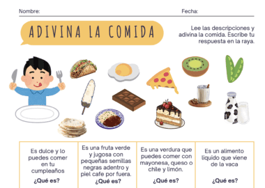 Actividad para adivinar alimentos en español con un niño emocionado por comer, varios alimentos (pastel, taco, chocolate, aguacate, maíz, huevo frito, jamón, postre, leche) y cuatro adivinanzas sobre alimentos en la parte inferior con imágenes como pistas.