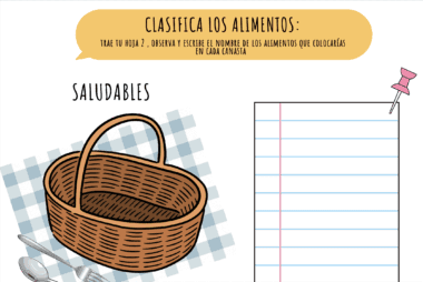 Ilustración de una cesta con la etiqueta "Saludables" junto a una hoja de papel rayado en blanco con una chincheta rosa y la instrucción: "Clasifica los alimentos" en la parte superior.