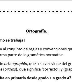 Un documento en español titulado "Ortografía" explica el significado de la ortografía, sus orígenes griegos y latinos, y cómo se enseña de 1º a 4º curso. El texto está encerrado en un borde punteado.
