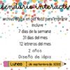 Un colorido gráfico de confeti en español muestra "Calendario interactivo edición lápiz", con una lista de 7 días, 31 meses, 12 signos y 2 años. Una ilustración a lápiz muestra "Lunes 1 de septiembre de 2025.