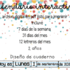 Fondo colorido con texto en español sobre el calendario interactivo edición cuaderno PDF. Incluye 7 días, 31 días, 12 meses, 2 años y diseño tipo cuaderno. Abajo muestra: "Hoy es: Lunes 1 de septiembre de 2025.