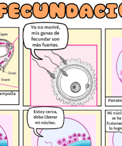 Un cómic sobre la fecundación muestra cómo los espermatozoides alcanzan un óvulo en la trompa de Falopio, cómo un espermatozoide penetra en la capa externa del óvulo y cómo el núcleo del espermatozoide se fusiona con el núcleo del óvulo, narrado con pies de foto humorísticos.