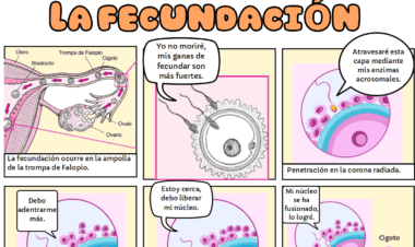 Un cómic sobre la fecundación muestra cómo los espermatozoides alcanzan un óvulo en la trompa de Falopio, cómo un espermatozoide penetra en la capa externa del óvulo y cómo el núcleo del espermatozoide se fusiona con el núcleo del óvulo, narrado con pies de foto humorísticos.