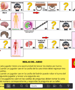 Un colorido juego de mesa sobre el desarrollo embrionario que presenta células, órganos y embriones ilustrados en un camino de "Salida" a "Llegada", con flechas, espacios para preguntas y un cuadro de reglas amarillo en la parte inferior.