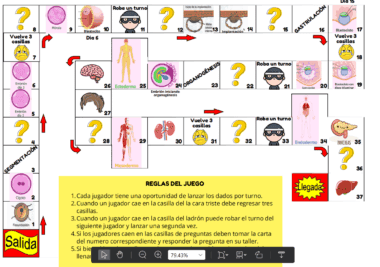 Un colorido juego de mesa sobre el desarrollo embrionario que presenta células, órganos y embriones ilustrados en un camino de "Salida" a "Llegada", con flechas, espacios para preguntas y un cuadro de reglas amarillo en la parte inferior.