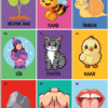 Lotería Mexicana Maya 5 Una colorida cuadrícula de 9 tarjetas ilustradas, cada una con un dibujo y la palabra correspondiente en maya yucateco: una plantita, una abeja, un caracol, una niña, un gato, un pollito, una roca, un torso humano y una boca abierta con la lengua afuera.