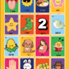 Lotería Mexicana Maya 7 Un colorido cartón de bingo con 16 casillas, cada una de las cuales muestra una imagen de dibujos animados, un número y una palabra maya. Las imágenes incluyen una lengua, un sol, un plato de comida, una flor, un pájaro, un maíz, un perro, una mano, un conejo, azúcar y una persona con sombrero.