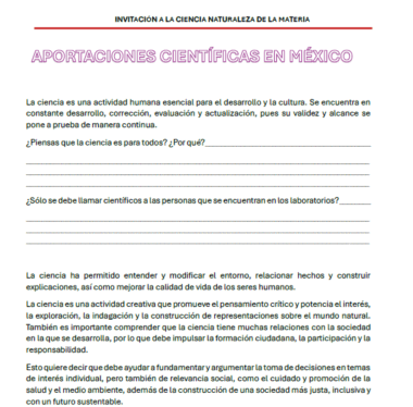 Un texto educativo en español titulado "APORTACIONES CIENTÍFICAS EN MÉXICO" con secciones para las respuestas de los alumnos, en el que se analiza el papel y el impacto de la ciencia en la sociedad y la cultura mexicanas.