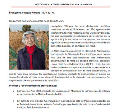 Retrato de Evangelina Villegas Moreno delante de vegetación con texto que la describe como científica que luchó contra la desnutrición, los aspectos más destacados de su carrera y los premios que recibió por sus contribuciones a la ciencia.