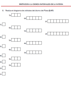 Diagrama con casillas vacías para llenar los orbitales electrónicos de un átomo de plata (Z=47), ordenados por niveles de energía: 1s, 2s, 2p, 3s, 3p, 4s, 3d, 4p, 5s, 4d, 5p, 6s, 4f, 5d, 6p, 7s.