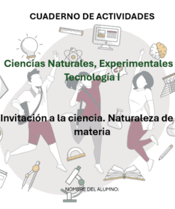 Portada de un libro de actividades español titulado "Ciencias Naturales, Experimentales y Tecnología I" con tres personas ilustradas saltando, rodeadas de iconos relacionados con la ciencia como un microscopio, un tubo de ensayo y libros.