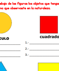 Hoja de ejercicios con un círculo amarillo, un cuadrado rojo, un triángulo azul y un rectángulo amarillo. Debajo de cada forma hay espacios para que los alumnos enumeren objetos de la vida real con formas similares. El texto está en español.