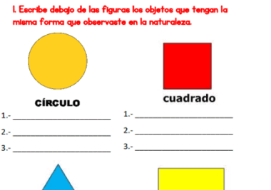 Hoja de ejercicios con un círculo amarillo, un cuadrado rojo, un triángulo azul y un rectángulo amarillo. Debajo de cada forma hay espacios para que los alumnos enumeren objetos de la vida real con formas similares. El texto está en español.