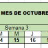 Lista de asistencia Mes de Octubre 7 Calendario de mesa para octubre en español. Los días están organizados en 5 semanas, cada una de las cuales muestra los días de lunes a viernes, omitiendo los fines de semana. El encabezamiento dice