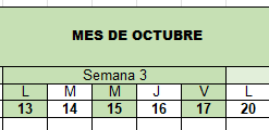 Calendario de mesa para octubre en español. Los días están organizados en 5 semanas, cada una de las cuales muestra los días de lunes a viernes, omitiendo los fines de semana. El encabezamiento dice 
