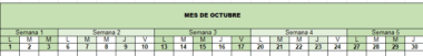 Calendario de mesa para octubre en español. Los días están organizados en 5 semanas, cada una de las cuales muestra los días de lunes a viernes, omitiendo los fines de semana. El encabezamiento dice "MES DE OCTUBRE".