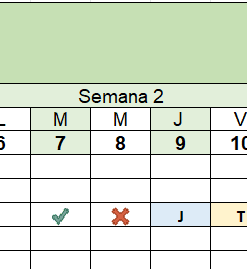Una hoja de asistencia digital en español que muestra las semanas y los días. En la semana 2, aparecen símbolos como una marca verde, una X roja, una 