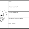 Hoja de ejercicios en blanco y negro con un simpático elefante de dibujos animados a la izquierda y recuadros vacíos etiquetados a la derecha para rellenar información sobre el animal, como el nombre, el hábitat, la dieta, las características principales y datos curiosos.