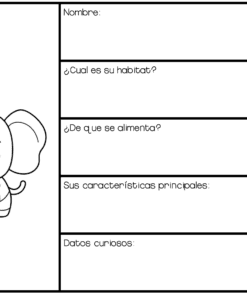 Hoja de ejercicios en blanco y negro con un simpático elefante de dibujos animados a la izquierda y recuadros vacíos etiquetados a la derecha para rellenar información sobre el animal, como el nombre, el hábitat, la dieta, las características principales y datos curiosos.