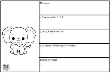 Hoja de ejercicios en blanco y negro con un simpático elefante de dibujos animados a la izquierda y recuadros vacíos etiquetados a la derecha para rellenar información sobre el animal, como el nombre, el hábitat, la dieta, las características principales y datos curiosos.