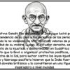 Ilustración en blanco y negro de Mahatma Gandhi sobre un texto en español que explica su lucha no violenta por la independencia de la India, sus protestas pacíficas como la Marcha de la Sal y su legado mundial como líder inspirador.