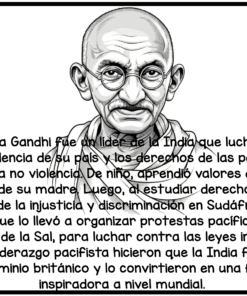 Ilustración en blanco y negro de Mahatma Gandhi sobre un texto en español que explica su lucha no violenta por la independencia de la India, sus protestas pacíficas como la Marcha de la Sal y su legado mundial como líder inspirador.