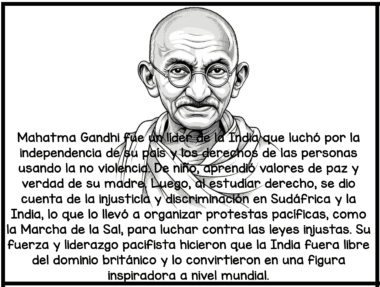 Ilustración en blanco y negro de Mahatma Gandhi sobre un texto en español que explica su lucha no violenta por la independencia de la India, sus protestas pacíficas como la Marcha de la Sal y su legado mundial como líder inspirador.