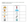 Cuadernillo de actividades de Quimica 10 Una tabla con cinco filas y cuatro columnas que muestra imágenes de anillo de oro, jarabe para la tos, medalla de bronce, agua, sopa de verduras, azúcar, bicarbonato sódico, acero, mercurio y helio para clasificar como elemento, compuesto, mezcla homogénea o heterogénea.