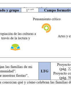 Tabla que detalla un plan de estudios escolar con columnas para fase, curso, campo e idiomas. Incluye filas para inclusión, pensamiento crítico, igualdad de género, apreciación cultural, artes y proyectos escolares. Hay iconos de colores.