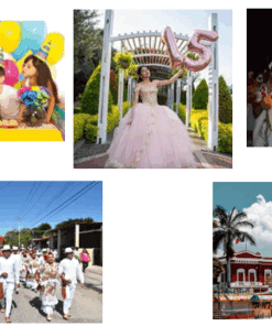 Un collage en el que aparecen niños en una fiesta de cumpleaños, una niña con un vestido rosa con globos del 