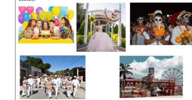 Un collage en el que aparecen niños en una fiesta de cumpleaños, una niña con un vestido rosa con globos del "15", personas con la cara pintada de una calavera celebrando el Día de los Muertos, un grupo con atuendo tradicional blanco y un parque de atracciones rojo con una noria.