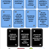 Diez tarjetas azules y tres negras con preguntas sobre el aparato digestivo están dispuestas en una cuadrícula sobre dibujos animados de un brócoli, un esófago, un aguacate y un intestino con caras felices.