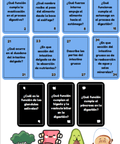Diez tarjetas azules y tres negras con preguntas sobre el aparato digestivo están dispuestas en una cuadrícula sobre dibujos animados de un brócoli, un esófago, un aguacate y un intestino con caras felices.