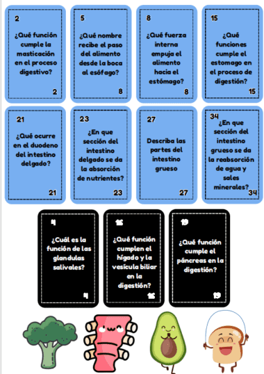 Diez tarjetas azules y tres negras con preguntas sobre el aparato digestivo están dispuestas en una cuadrícula sobre dibujos animados de un brócoli, un esófago, un aguacate y un intestino con caras felices.