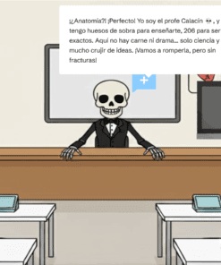 Un esqueleto con traje está de pie detrás de un escritorio en un aula moderna. Hay escritorios con tabletas, una pizarra, una ventana y un comentario en español sobre enseñar anatomía sin fracturas.