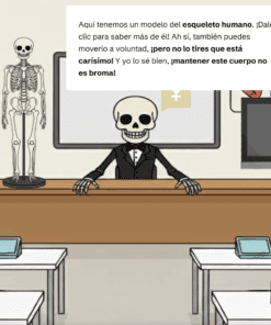 Un profesor esqueleto de dibujos animados se sienta en un pupitre de una clase con un modelo de esqueleto a su lado, una pizarra, libros y un ordenador. Un globo de diálogo explica el esqueleto humano, con una advertencia resaltada de no tirarlo.