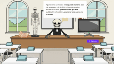 Un profesor esqueleto de dibujos animados se sienta en un pupitre de una clase con un modelo de esqueleto a su lado, una pizarra, libros y un ordenador. Un globo de diálogo explica el esqueleto humano, con una advertencia resaltada de no tirarlo.