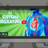 En la pizarra de la clase se reproduce un vídeo de dibujos animados sobre el sistema circulatorio que muestra un cuerpo humano ilustrado con venas, arterias y un corazón, con el título 