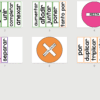 Conjunto de tarjetas con símbolos aritméticos y palabras españolas relacionadas. Las tarjetas muestran "SUMA", "RESTA", "DIVISIÓN" y "MULTIPLICACIÓN" con listas de verbos para cada una, en varios colores.