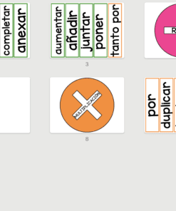 Conjunto de tarjetas con símbolos aritméticos y palabras españolas relacionadas. Las tarjetas muestran "SUMA", "RESTA", "DIVISIÓN" y "MULTIPLICACIÓN" con listas de verbos para cada una, en varios colores.