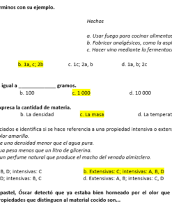 Examenes de Química 5 Hoja de ejercicios de ciencias en español con preguntas de emparejar, rellenar espacios en blanco y de opción múltiple. Las respuestas correctas están resaltadas en amarillo, las opciones con letras están en negrita y algunos espacios en blanco se rellenan con números o frases.