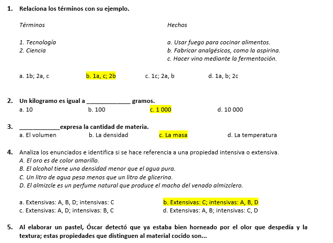 Examenes de Química 2 Hoja de ejercicios de ciencias en español con preguntas de emparejar, rellenar espacios en blanco y de opción múltiple. Las respuestas correctas están resaltadas en amarillo, las opciones con letras están en negrita y algunos espacios en blanco se rellenan con números o frases.