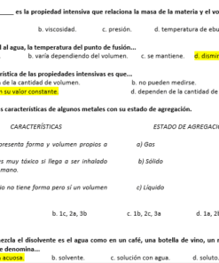 Inicio 32 Hoja de ejercicios de ciencias en español con preguntas de opción múltiple y de emparejamiento sobre las propiedades físicas y los estados de la materia. Algunas respuestas están resaltadas en amarillo, como "d. disminuye", "c. mantienen su valor constante" y "a. 1b, 2a, 3c".